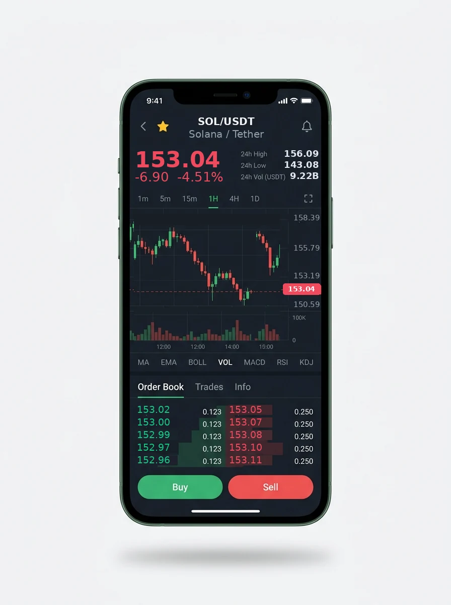 FlowFoundex — BTC/USDT live candlestick chart, order book and one-tap Buy/Sell on mobile